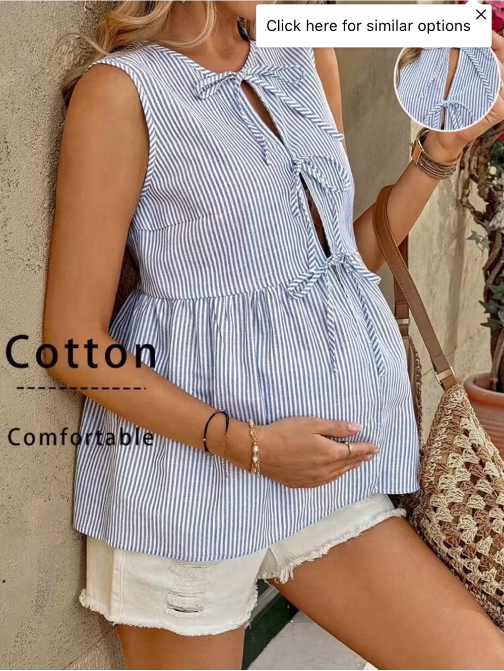 Striped Blue Maternity Tie-Front Sleeveless Top